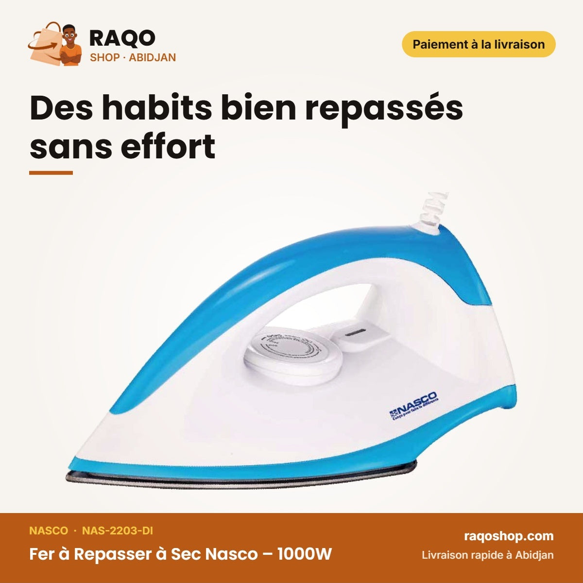 Fer à Repasser à Sec Nasco – 1000W – Semelle Anti Adhésive – Blanc-Bleu | NAS-2203-DI
