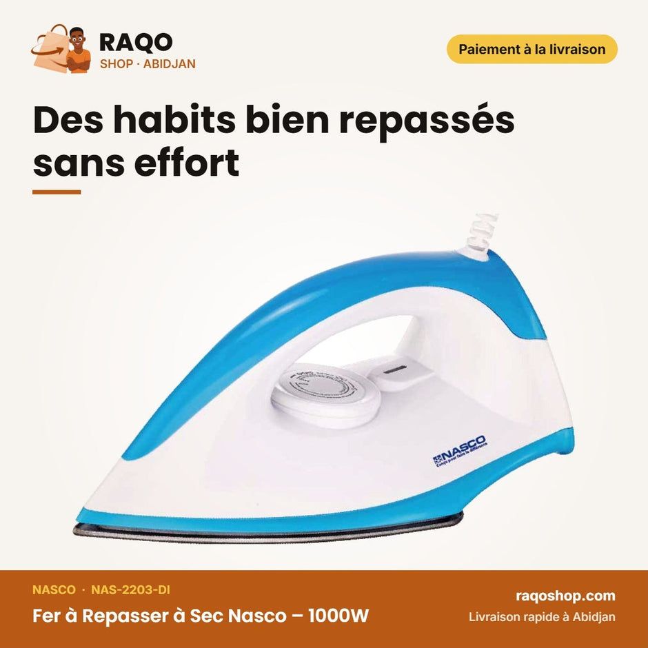 Fer à Repasser à Sec Nasco – 1000W – Semelle Anti Adhésive – Blanc-Bleu | NAS-2203-DI