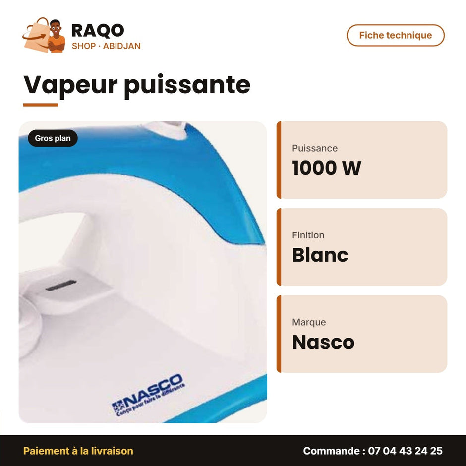 Fer à Repasser à Sec Nasco – 1000W – Semelle Anti Adhésive – Blanc-Bleu | NAS-2203-DI