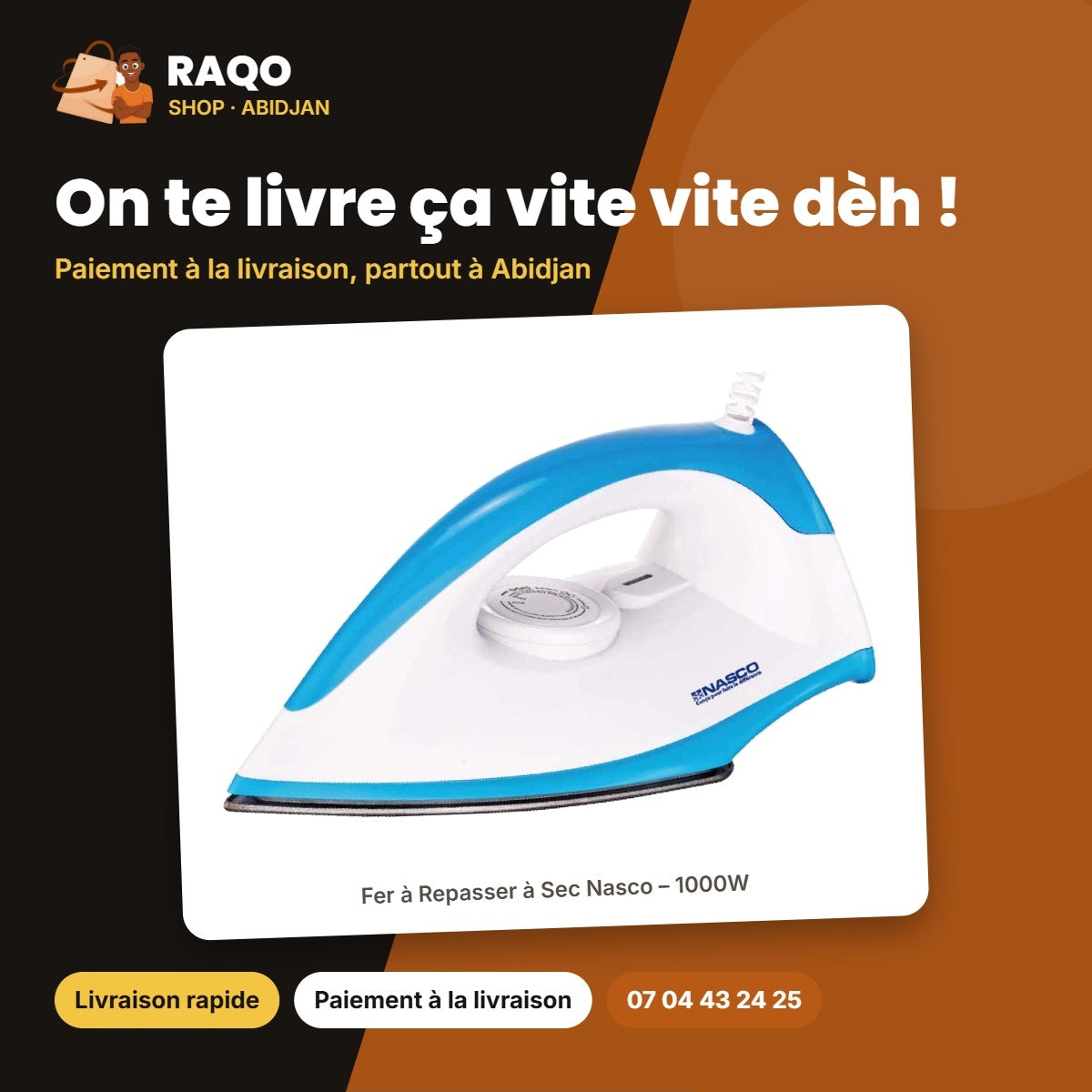 Fer à Repasser à Sec Nasco – 1000W – Semelle Anti Adhésive – Blanc-Bleu | NAS-2203-DI