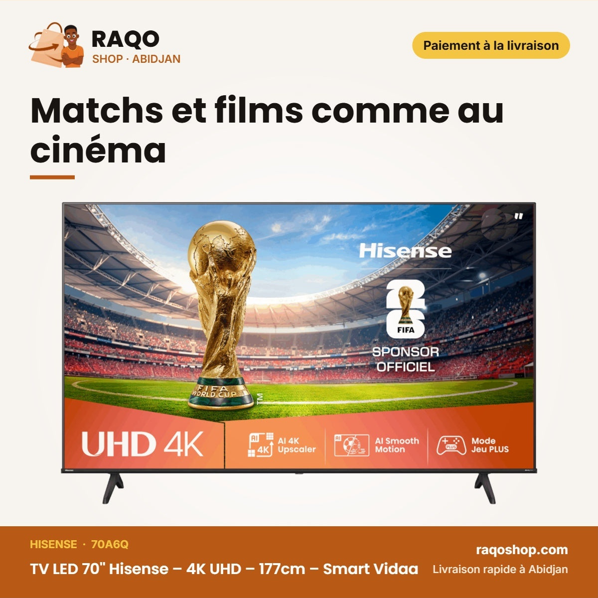 TV LED 70'' Hisense – 4K UHD – 177cm – Smart Vidaa | 70A6Q