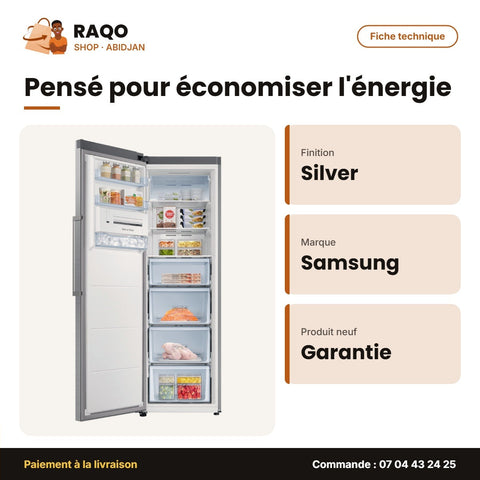Congélateur Vertical Samsung – 4TIROIRS+3CASIERS – Silver – Slim Ice Maker | RZ32M71157F/SS