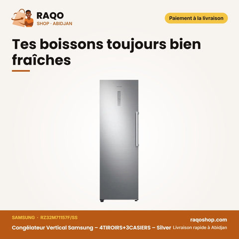 Congélateur Vertical Samsung – 4TIROIRS+3CASIERS – Silver – Slim Ice Maker | RZ32M71157F/SS