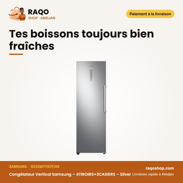 Congélateur Vertical Samsung – 4TIROIRS+3CASIERS – Silver – Slim Ice Maker | RZ32M71157F/SS