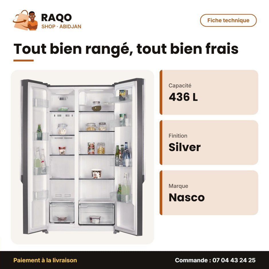 Réfrigérateur Américain Nasco – 2 Portes – 436L Net – Silver | HNASF2-55S