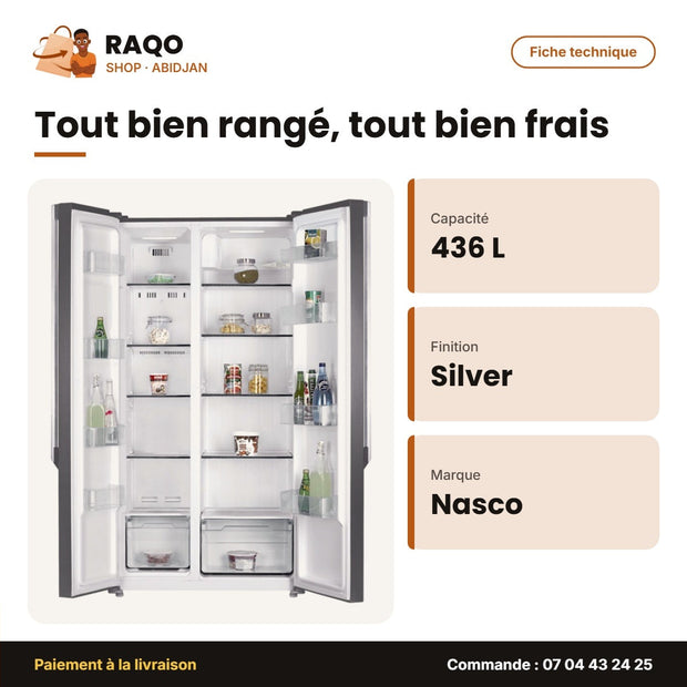 Réfrigérateur Américain Nasco – 2 Portes – 436L Net – Silver | HNASF2-55S