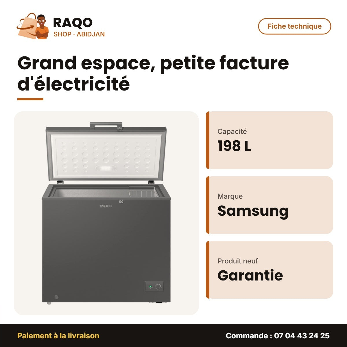 Congélateur Horizontal Samsung – Dark Gray – 198L – 1 Panier Interne | RI70F20VNGAGR