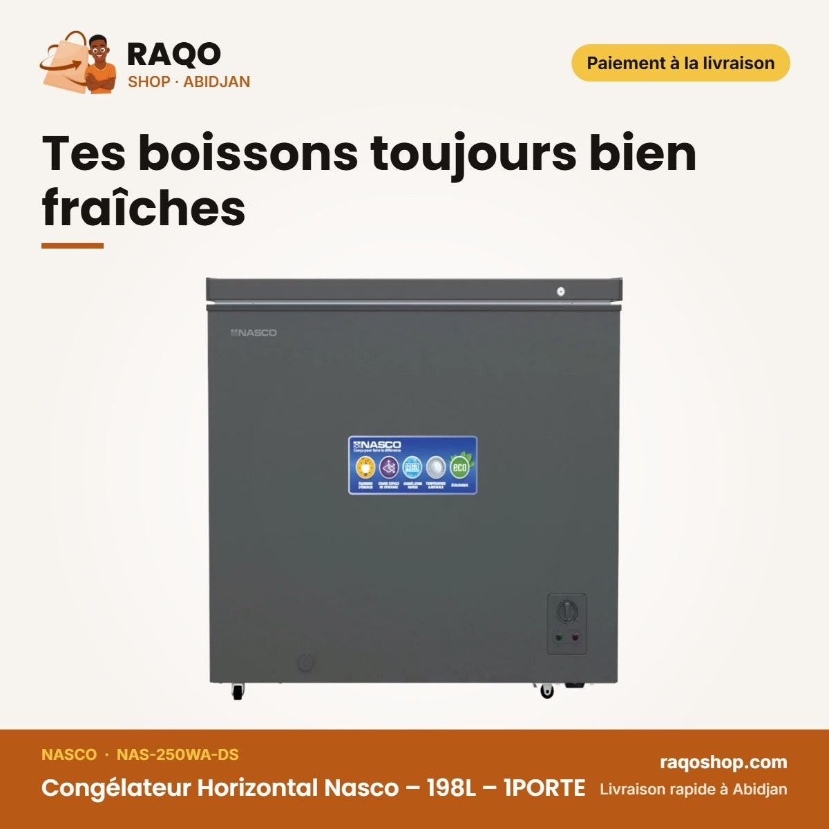 Congélateur Horizontal Nasco – 198L – 1PORTE – 1 Panier Interne | NAS-250WA-DS