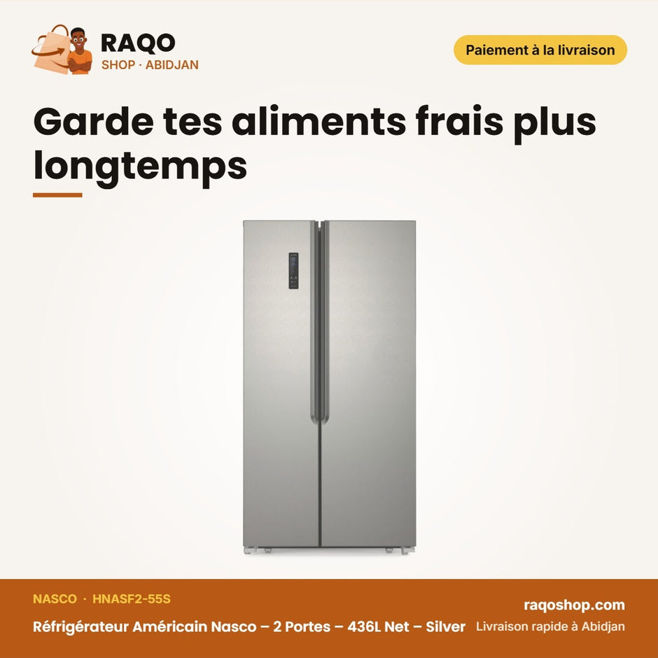 Réfrigérateur Américain Nasco – 2 Portes – 436L Net – Silver | HNASF2-55S