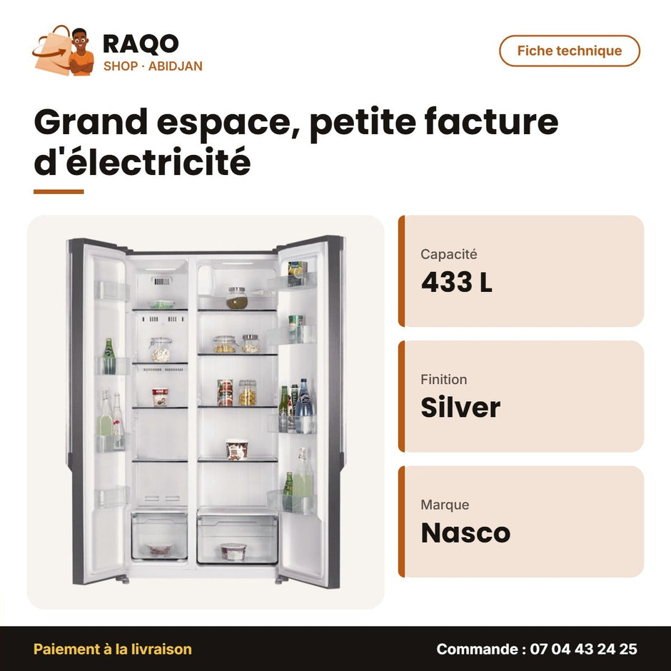 Réfrigérateur Américain Nasco – 2 Portes – 433L Net – Silver | HNASF2-55M