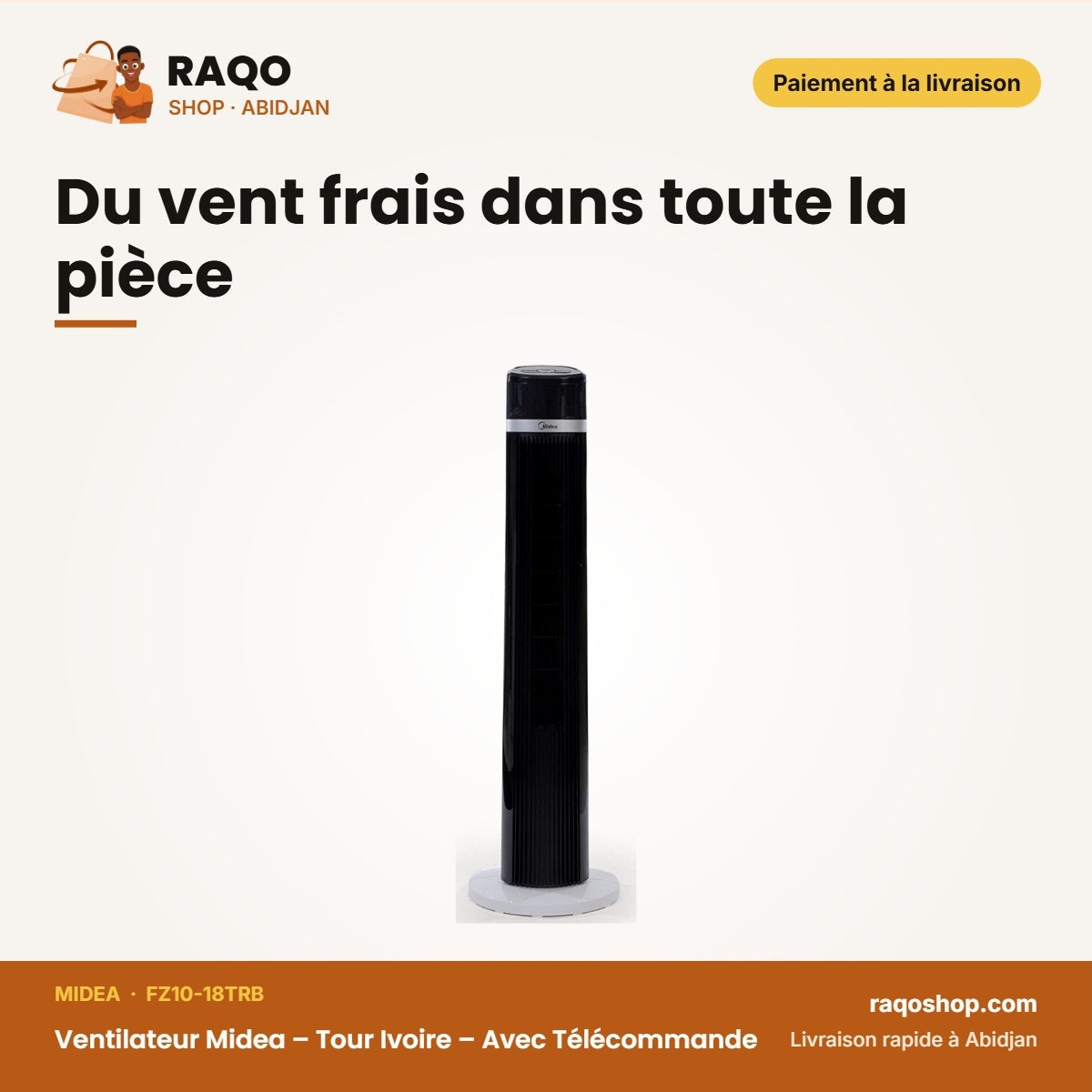 Ventilateur Midea – Tour Ivoire – Avec Télécommande – 45W | FZ10-18TRB