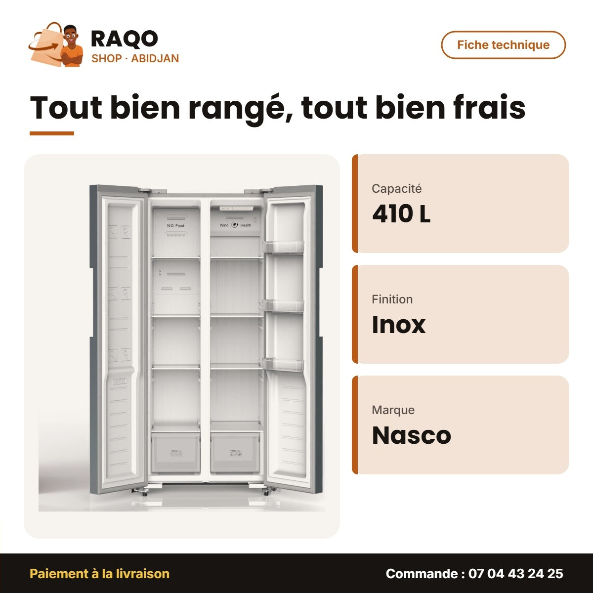 Réfrigérateur Américain Nasco – 2PORTES – 410L NET(240L+170L) – Inox | KNASF2-62.2