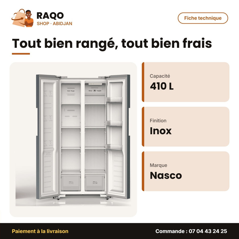 Réfrigérateur Américain Nasco – 2PORTES – 410L NET(240L+170L) – Inox | KNASF2-62.2