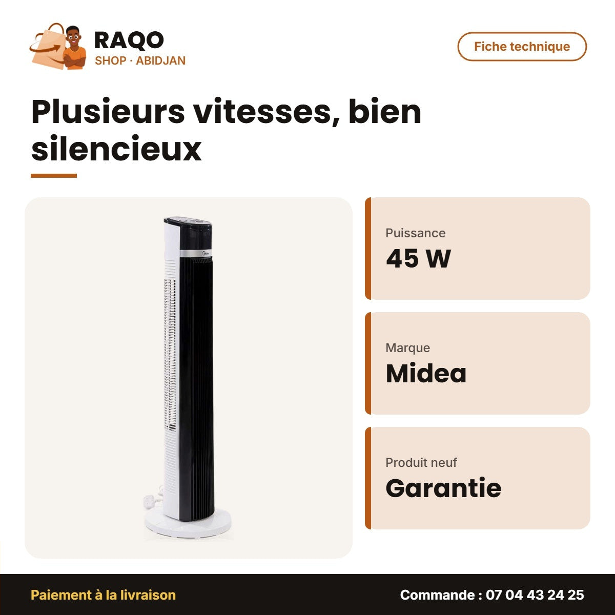 Ventilateur Midea – Tour Ivoire – Avec Télécommande – 45W | FZ10-18TRB