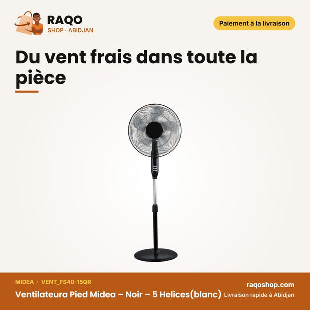 Ventilateura Pied Midea – Noir – 5 Helices(blanc) – Télécommande | VENT_FS40-15QR