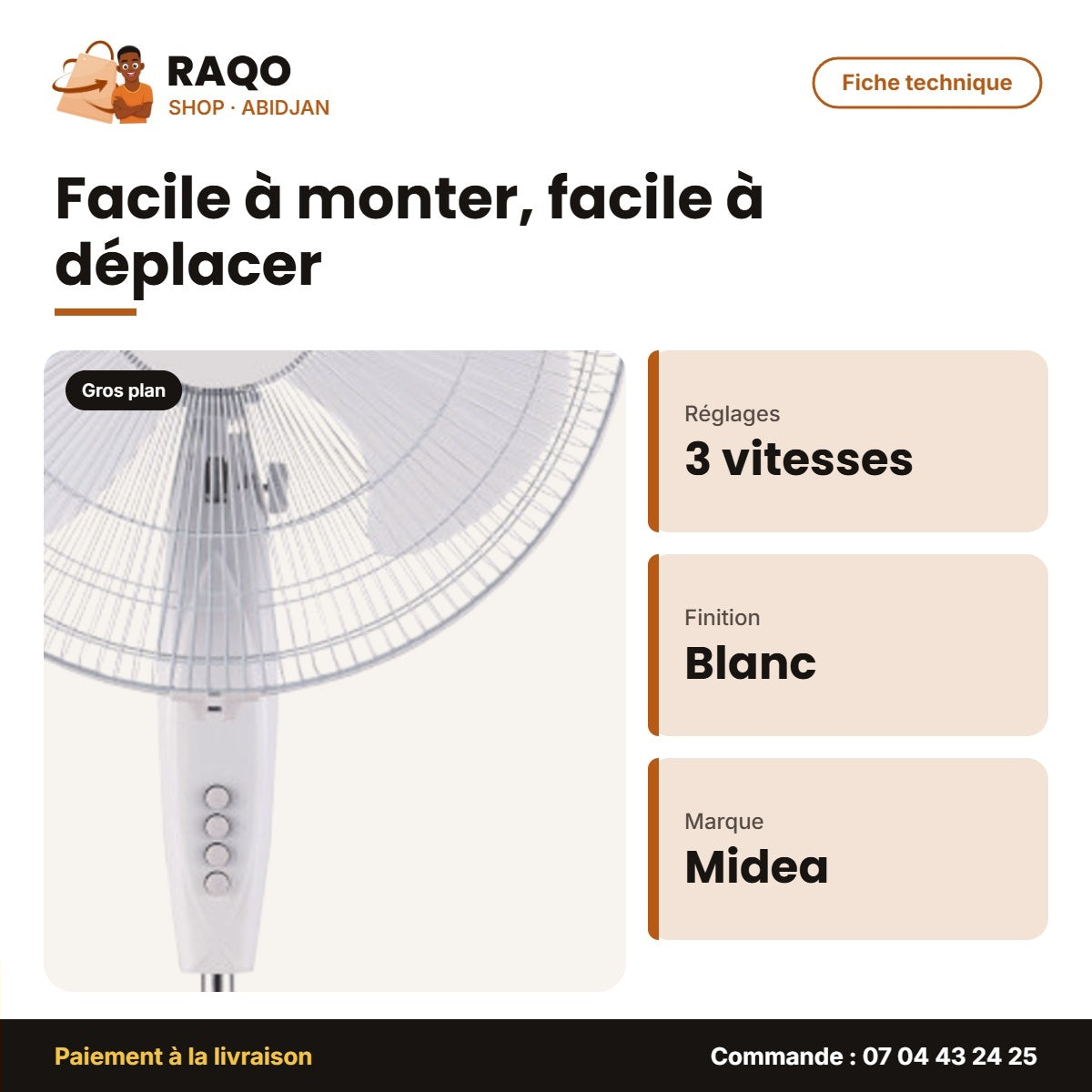 Ventilateur à Pied Midea – 3 Hélices – Couleur Blanc – 3 Vitesses | VENT_FS45-3D