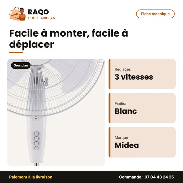 Ventilateur à Pied Midea – 3 Hélices – Couleur Blanc – 3 Vitesses | VENT_FS45-3D