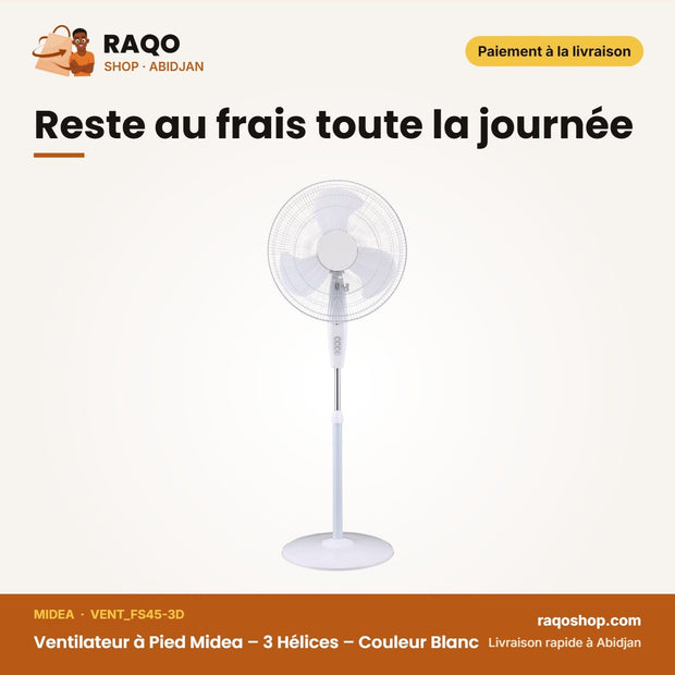Ventilateur à Pied Midea – 3 Hélices – Couleur Blanc – 3 Vitesses | VENT_FS45-3D