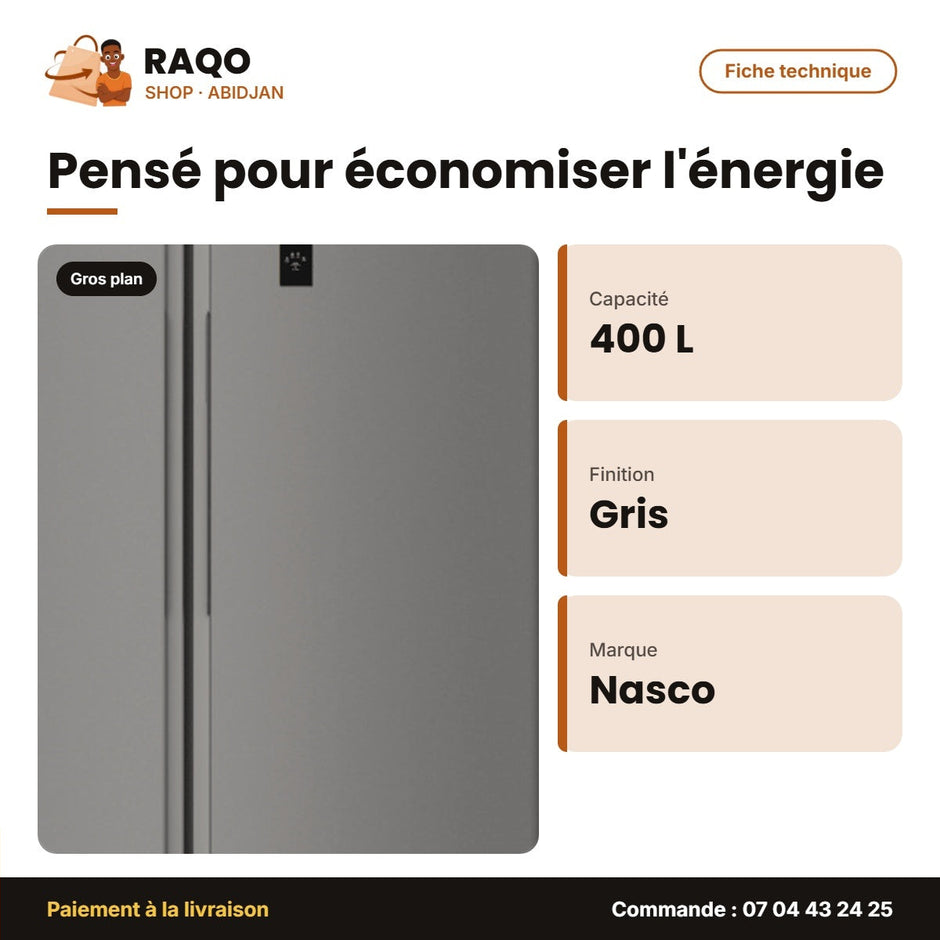 Réfrigérateur Américain Nasco – 2 Portes – 400 L – Gris Fonce | SNASF2-62