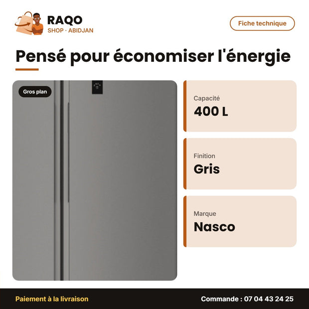 Réfrigérateur Américain Nasco – 2 Portes – 400 L – Gris Fonce | SNASF2-62