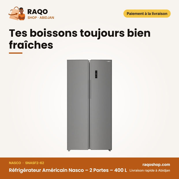 Réfrigérateur Américain Nasco – 2 Portes – 400 L – Gris Fonce | SNASF2-62