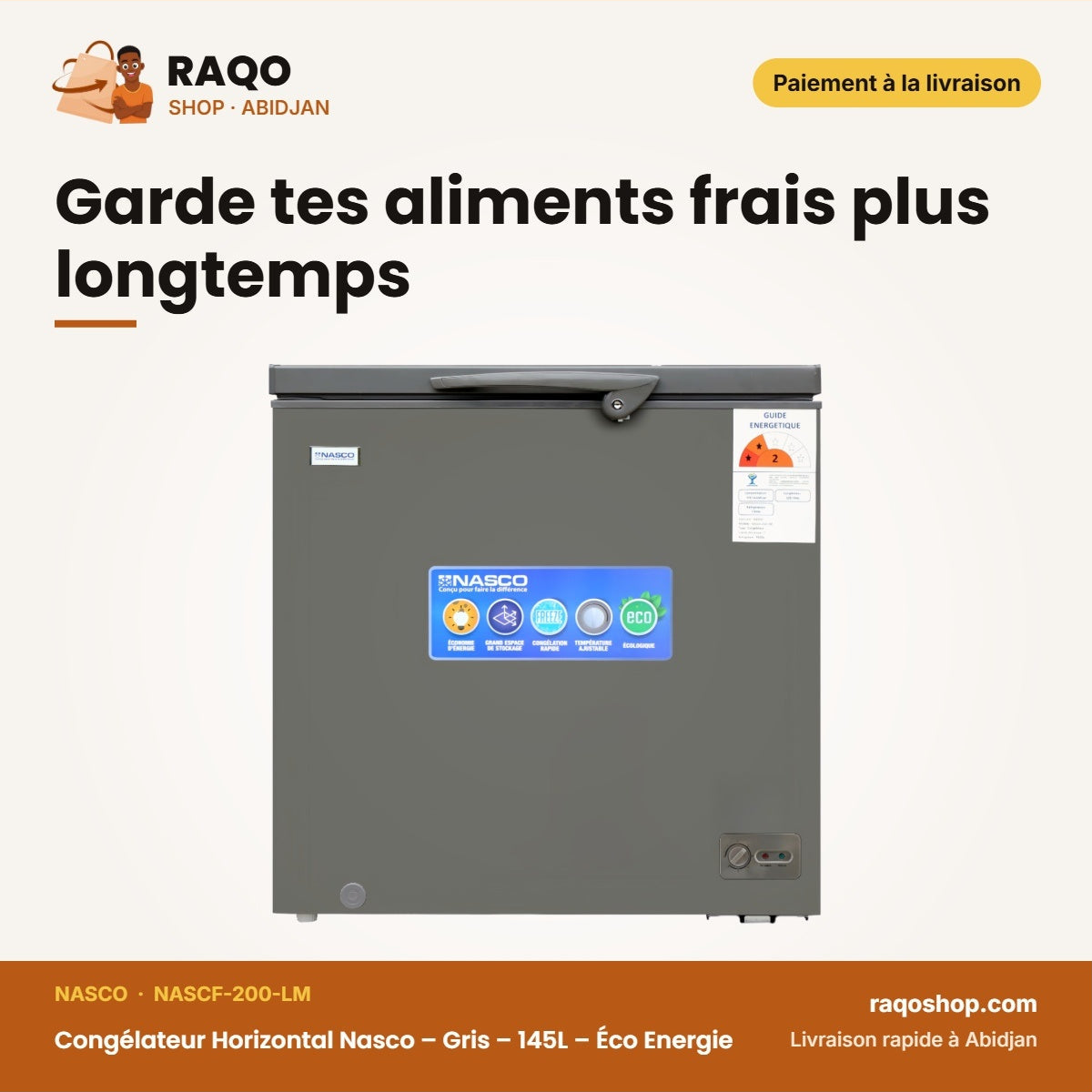Congélateur Horizontal Nasco – Gris – 145L – Éco Energie | NASCF-200-LM