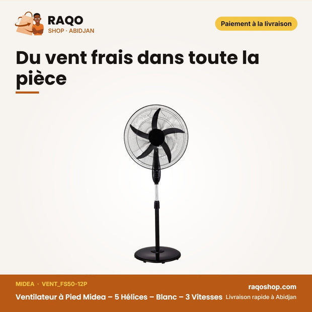 Ventilateur à Pied Midea – 5 Hélices – Blanc – 3 Vitesses | VENT_FS50-12P