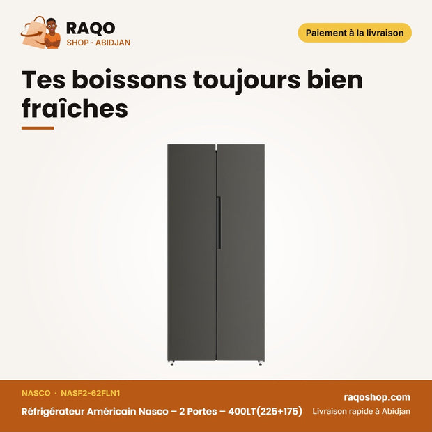 Réfrigérateur Américain Nasco – 2 Portes – 400LT(225+175) – Dark Silver | NASF2-62FLN1