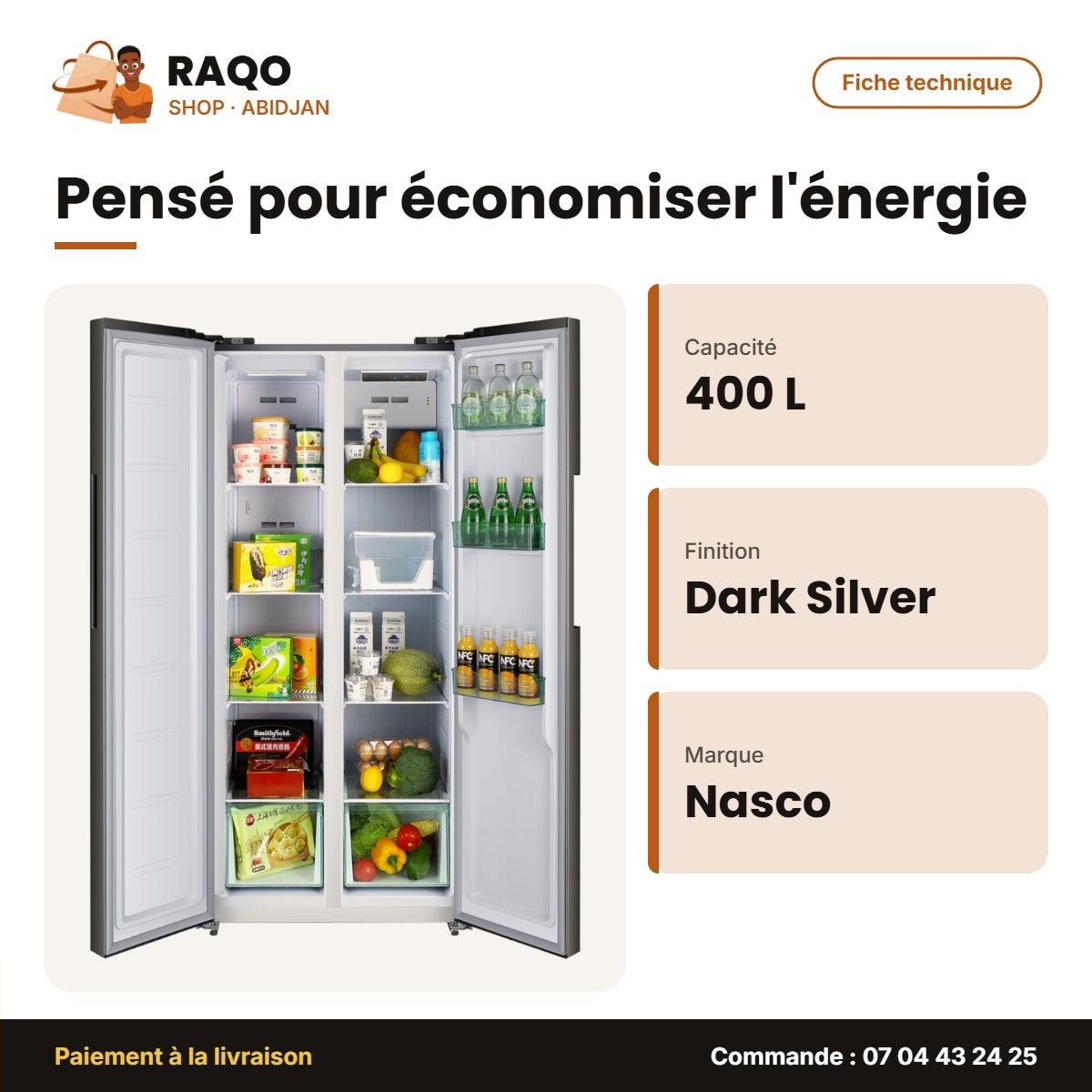 Réfrigérateur Américain Nasco – 2 Portes – 400LT(225+175) – Dark Silver | NASF2-62FLN1