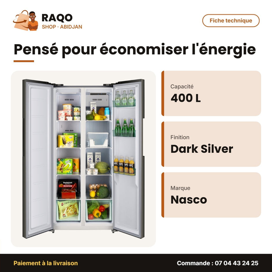 Réfrigérateur Américain Nasco – 2 Portes – 400LT(225+175) – Dark Silver | NASF2-62FLN1