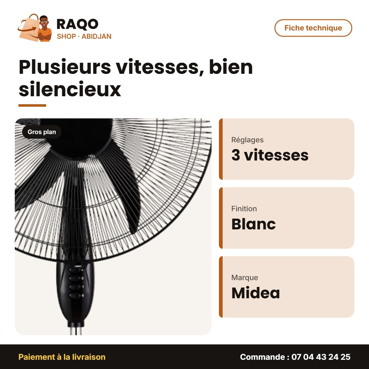Ventilateur à Pied Midea – 5 Hélices – Blanc – 3 Vitesses | VENT_FS50-12P