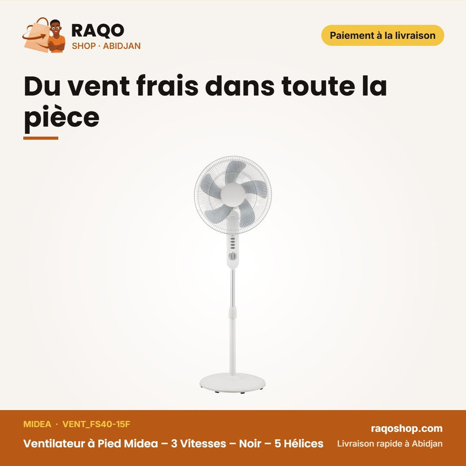Ventilateur à Pied Midea – 3 Vitesses – Noir – 5 Hélices | VENT_FS40-15F