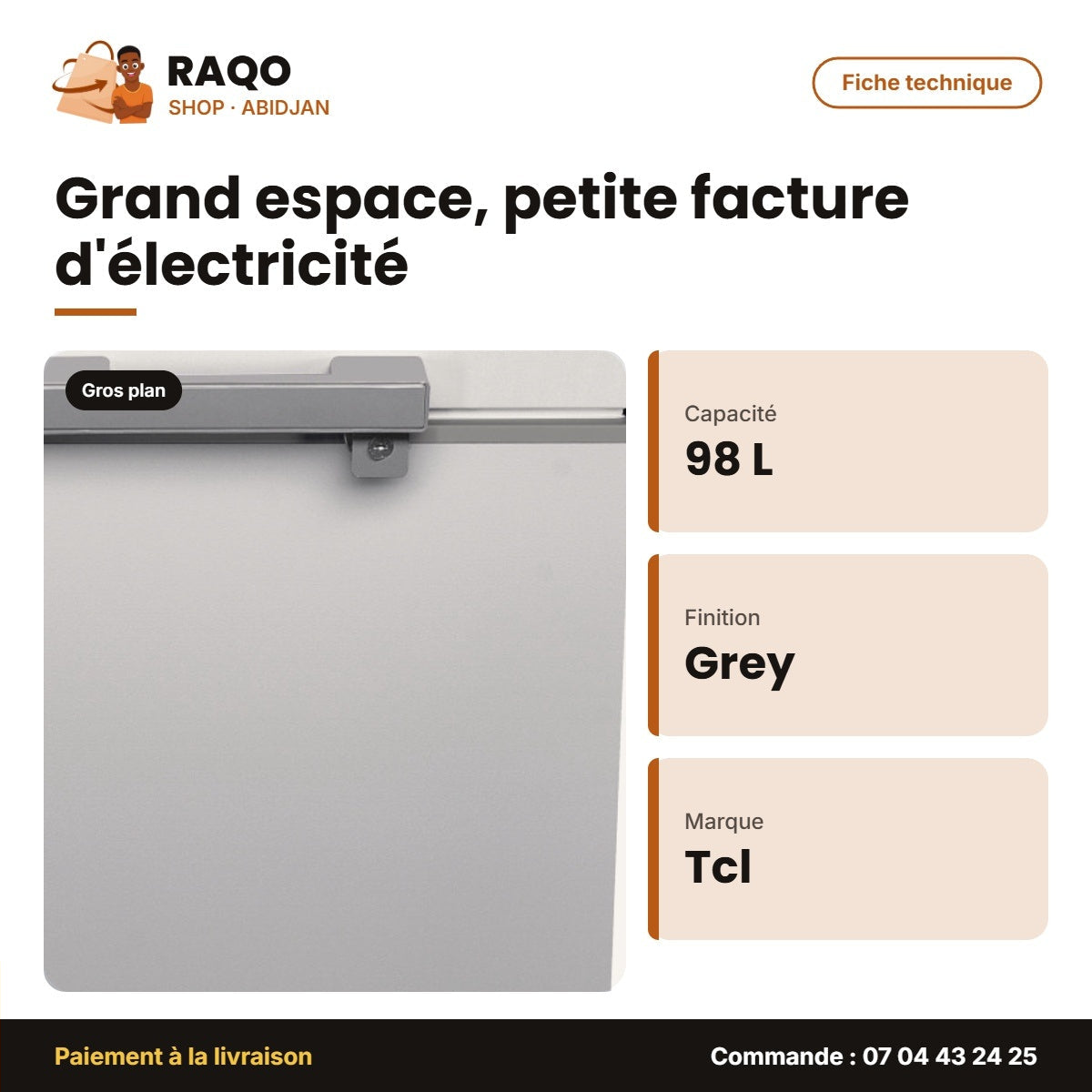 Congélateur Horizontal TCL – 98L – 1 Panier Interne – Grey | F131CFSL