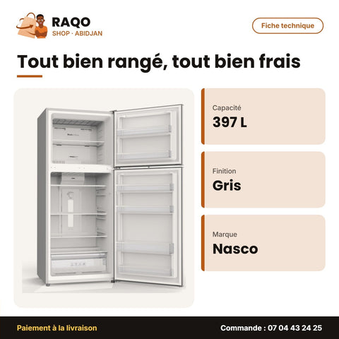 Réfrigérateur Nasco – 2 Portes – 397L – Gris Fonce | SNASF2-495N1