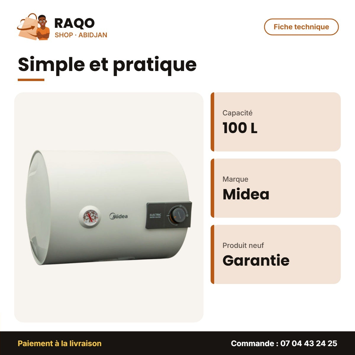 Chauffe Eau Horizontal Md Midea – 100L – Stockage Scellé – Protection Surchauffe | M_D100-15A6