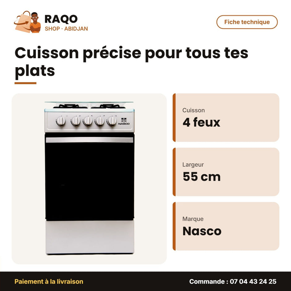 Gazinière Nasco – 4 Feux – 50X55CM – Argent | NASGC-SNIPER50TS