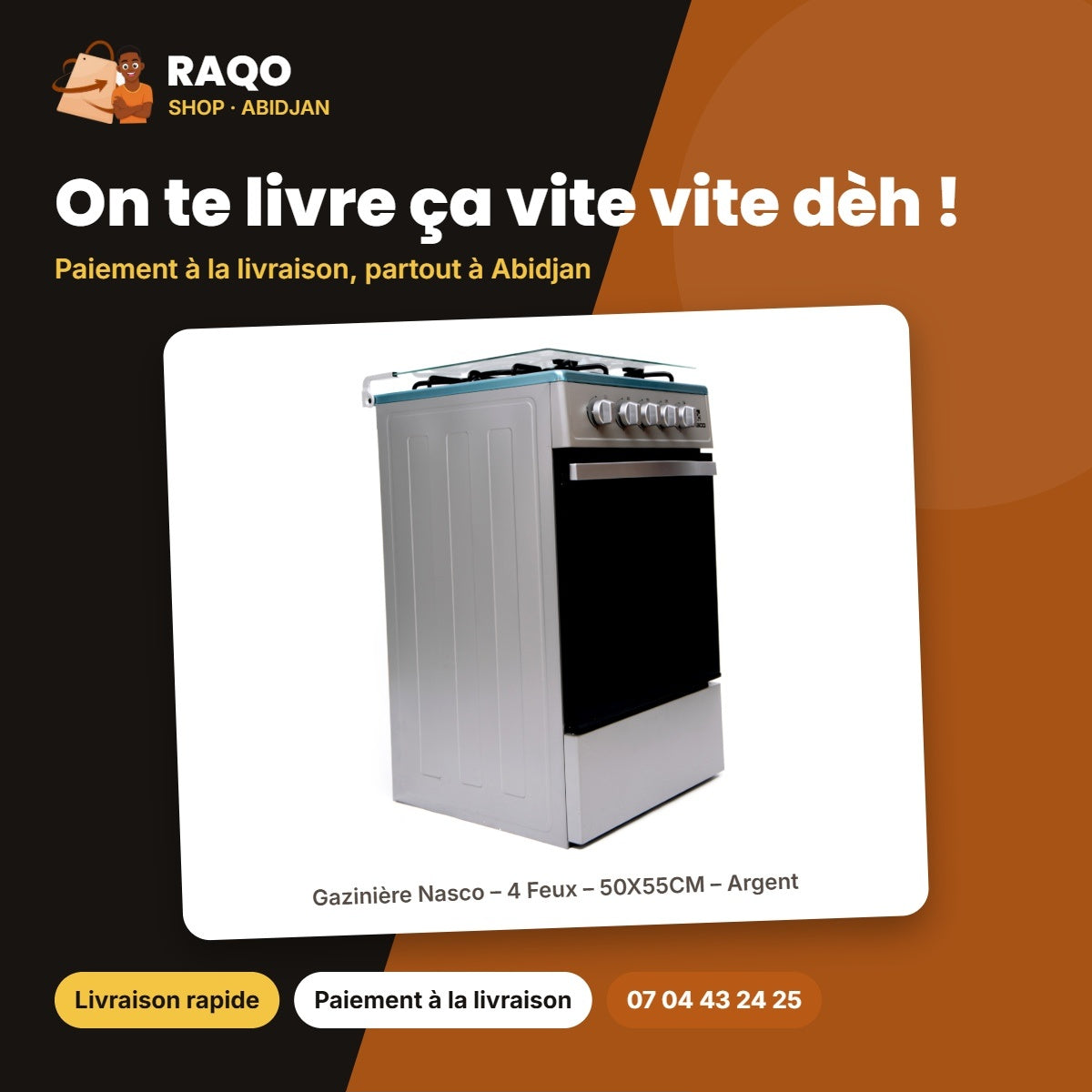 Gazinière Nasco – 4 Feux – 50X55CM – Argent | NASGC-SNIPER50TS
