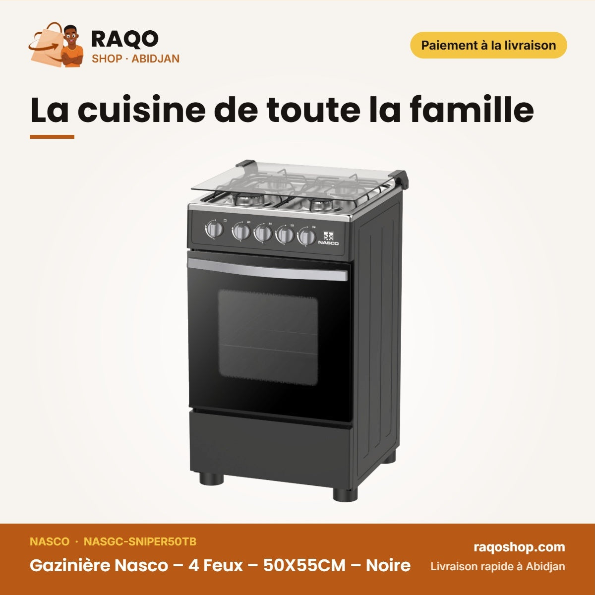 Gazinière Nasco – 4 Feux – 50X55CM – Noire | NASGC-SNIPER50TB