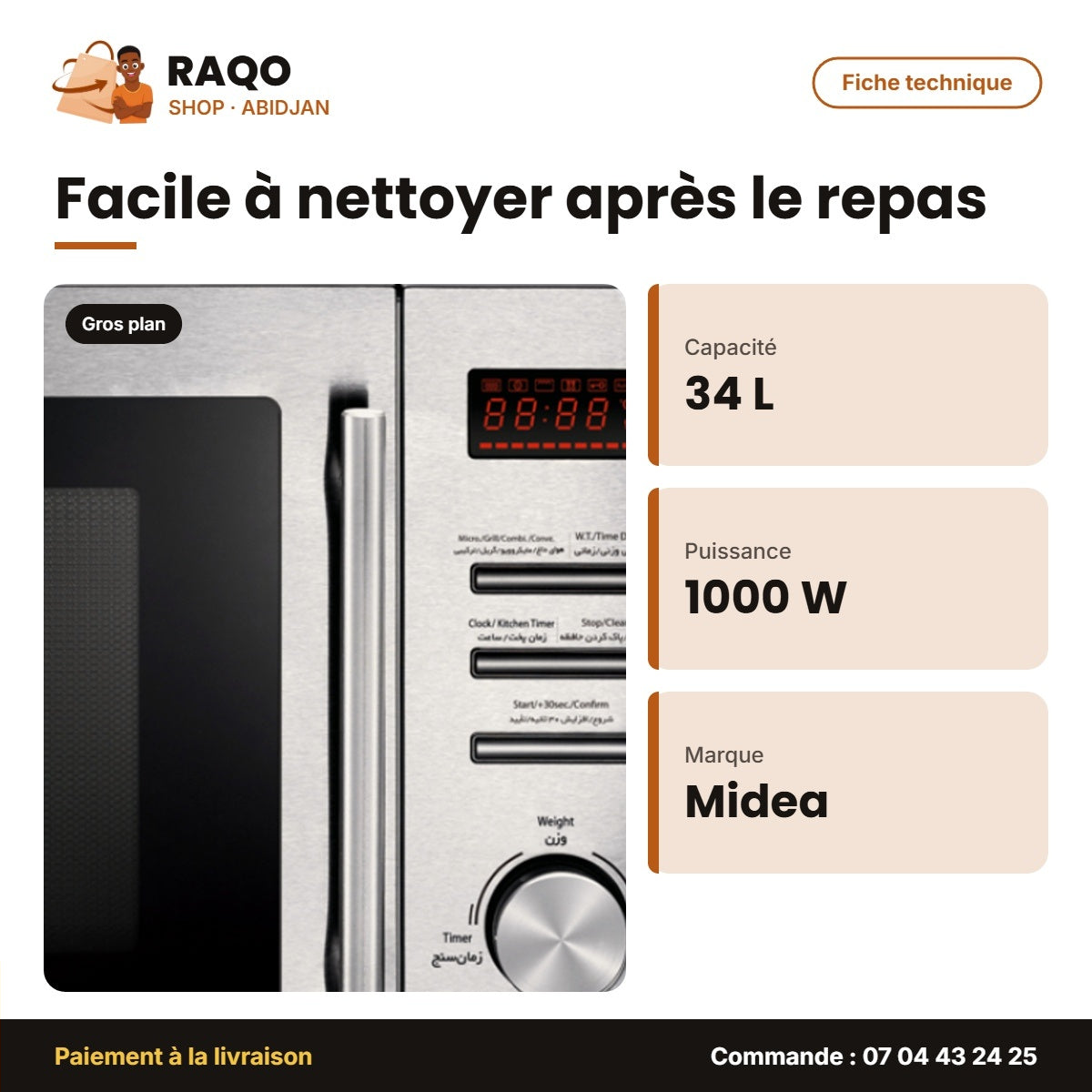 Four à Micro-Onde Midea – 34L – 1000W-230V – 8 Auto Menus | AG034AB6