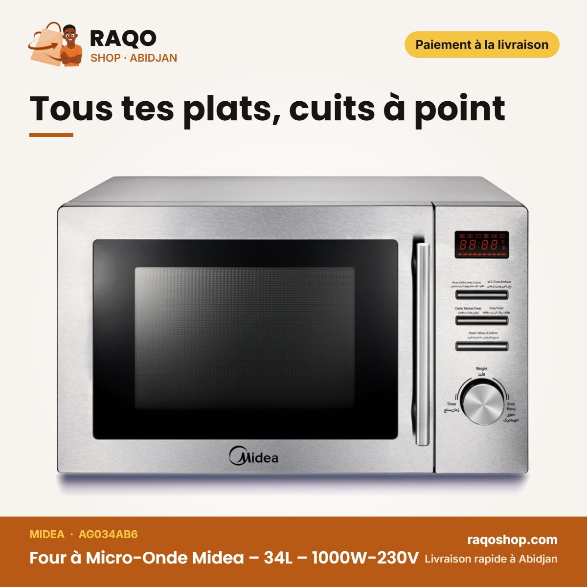 Four à Micro-Onde Midea – 34L – 1000W-230V – 8 Auto Menus | AG034AB6