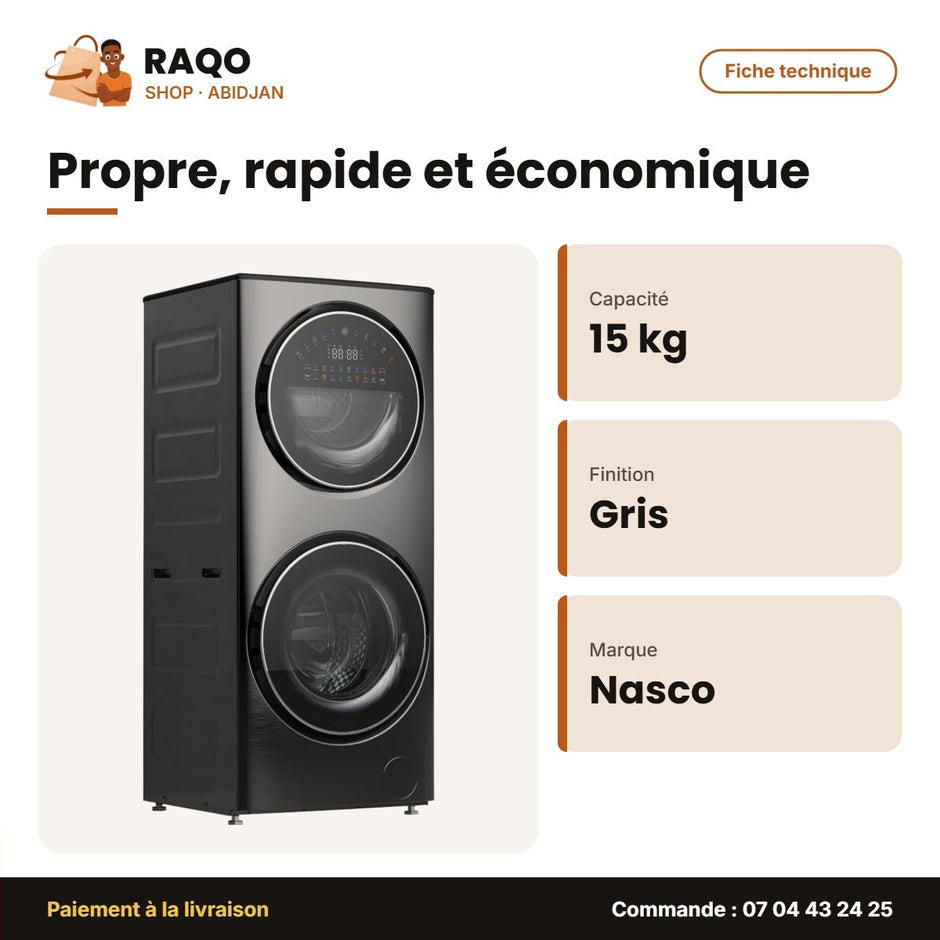 Machine à Laver Nasco 15KG(5 Up TUB+10 Down TUB)+7KG Séchagedown Tub – Gris | SNASFL2V-15W7D-V1