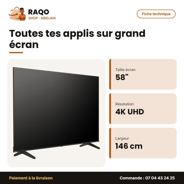 TV LED 58'' Hisense – 4K UHD – 146cm – Smart Vidaa | 58A6N