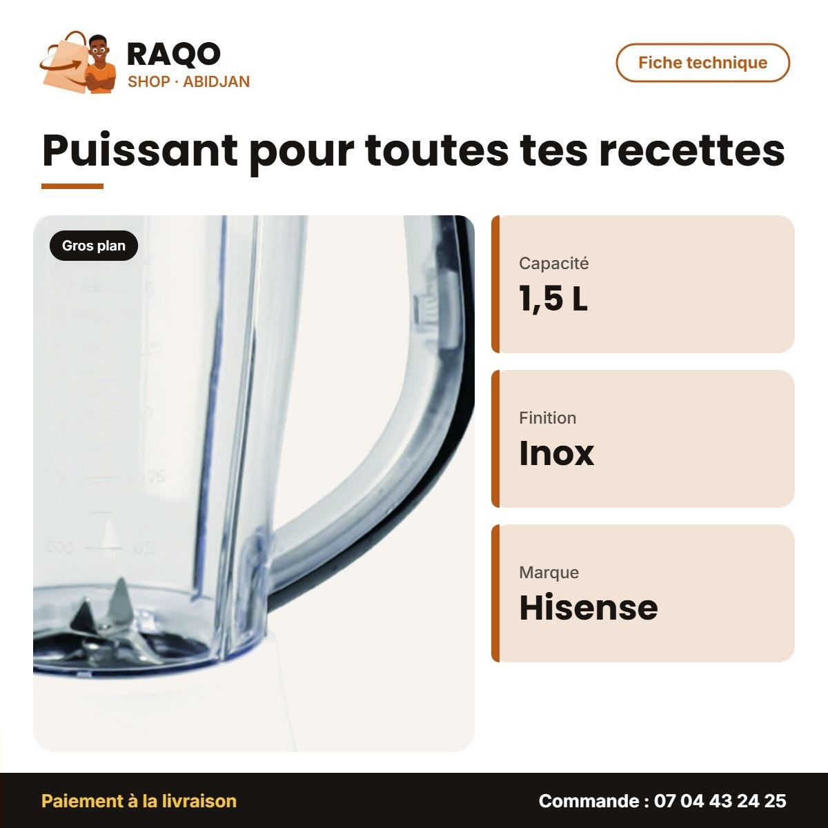 Blender Hisense – 1.5 L – Lame en Acier Inoxydable – Moteur Blanc | H15TBWES1