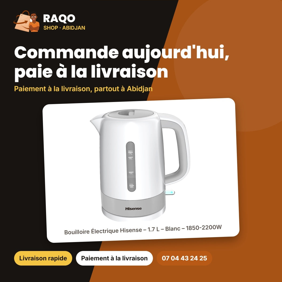 Bouilloire Électrique Hisense – 1.7 L – Blanc – 1850-2200W | H17KWES1