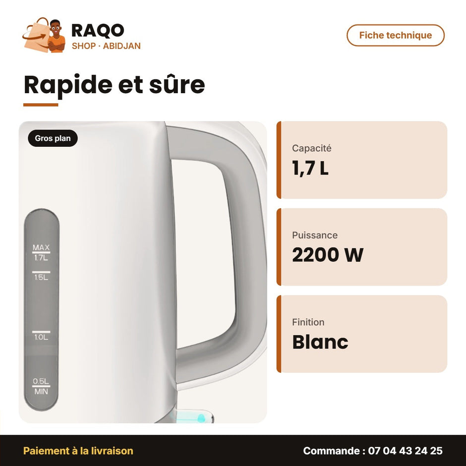Bouilloire Électrique Hisense – 1.7 L – Blanc – 1850-2200W | H17KWES1