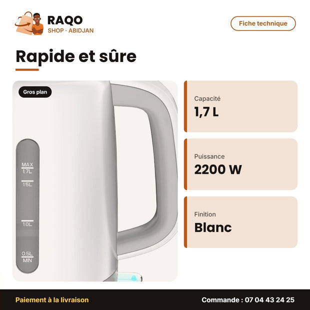 Bouilloire Électrique Hisense – 1.7 L – Blanc – 1850-2200W | H17KWES1