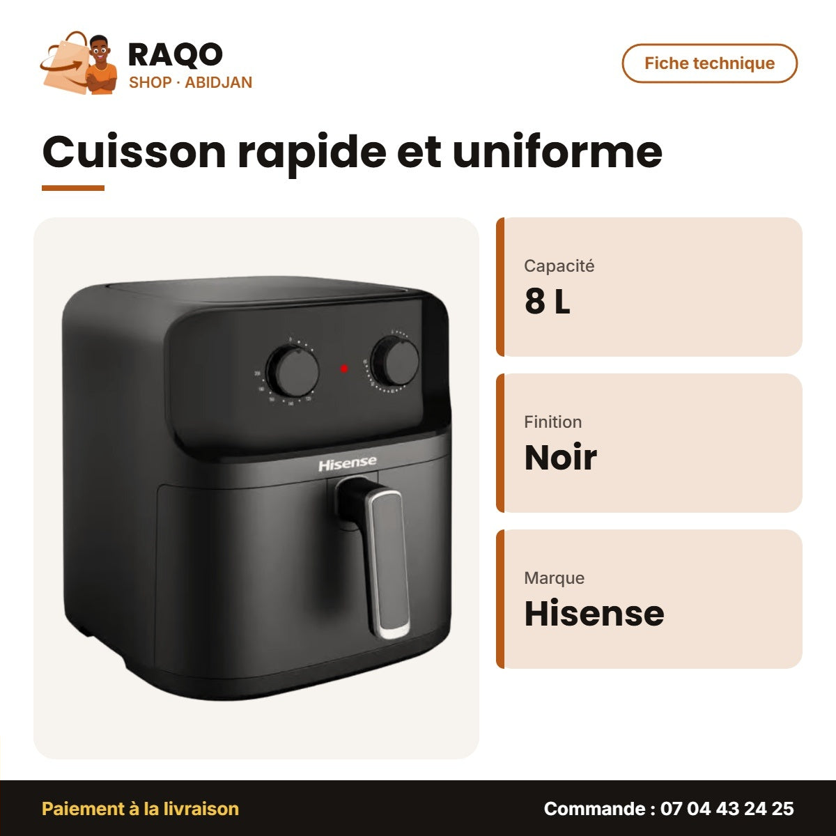 Friteuse à Air Hisense – Capacité Bloc 8L Net – Hot Air Circulation – Noir | H08AFBK1S1