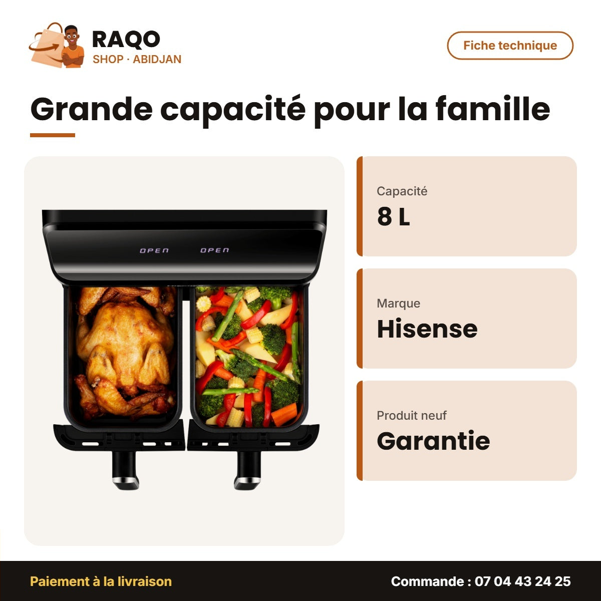 Double Friteuse Air Hisense – 8L(4L+4L) – Digital – Hot Air Circulation | H08AFBK2S1