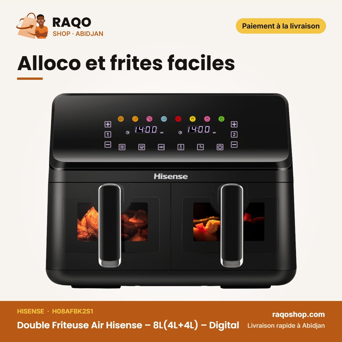 Double Friteuse Air Hisense – 8L(4L+4L) – Digital – Hot Air Circulation | H08AFBK2S1