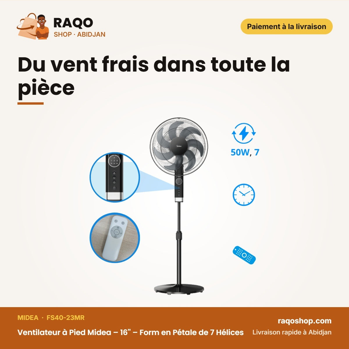 Ventilateur à Pied Midea – 16'' – Form en Pétale de 7 Hélices – Couleur Noir | FS40-23MR